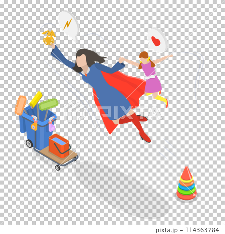 3D Isometric Flat  Conceptual Illustration of Supermom, Mother Day 114363784