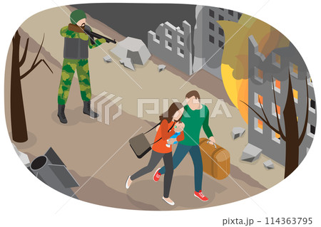 3D Isometric Flat  Conceptual Illustration of Military Invasion, Bombing City 114363795