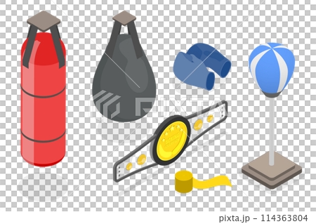 3D Isometric Flat  Set of Boxing Equipment Items, Professional Fighting Sport Accessories 114363804