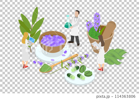 3D Isometric Flat  Conceptual Illustration of Natural Healing, Organic Cosmetics 114363806