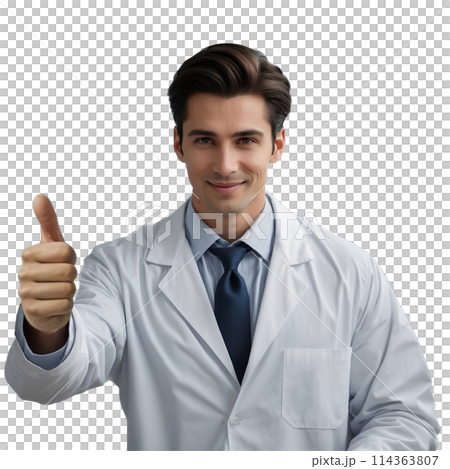 Young doctor shows a thumbs up, an OK gesture. Studio photo with no background. Not real, created by AI 114363807