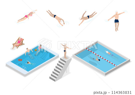 3D Isometric Flat Set of Pool Swimmers, Water Activities 3D Isometric Flat Set of Pool Swimmers, Water Activities 114363831