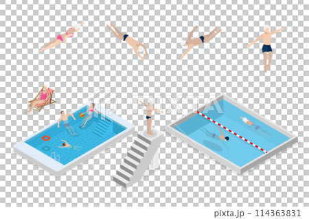 3D Isometric Flat Set of Pool Swimmers, Water Activities 3D Isometric Flat Set of Pool Swimmers, Water Activities 114363831