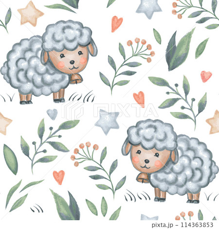 Cute sheep baby seamless pattern. Animal and flowers background, pastel watercolor effect. Vector illustration Cute sheep baby seamless pattern. Animal and flowers background, pastel watercolor effect. Vector illustration 114363853