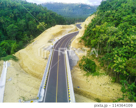 a curved road snaking through a dense green forest. a curved road snaking through a dense green forest. 114364109
