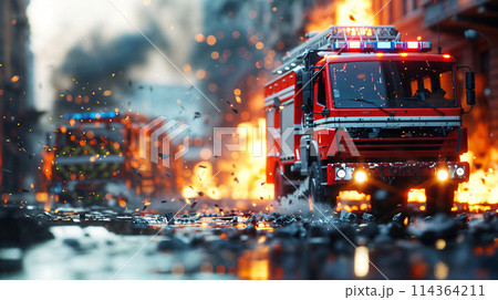 災害現場で活動する消防車 114364211