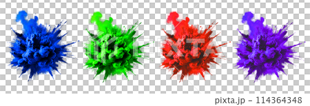 Multi colored powder explosion isolated on white background. Freeze motion of abstract dust texture 114364348