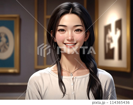 展示を見る笑顔の女性のイラスト [AI生成・プロ仕上げ] 114365436