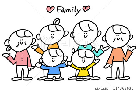 可愛い笑顔の三世代家族　ポーズ　family　シンプルな線画イラスト 114365636