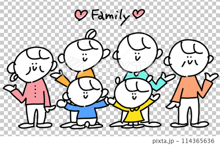 可愛い笑顔の三世代家族　ポーズ　family　シンプルな線画イラスト 114365636