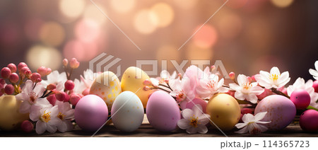 Colorful Spring Table Decoration with Eggs and Flowers. AI Generated Image 114365723