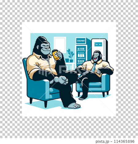 Gorilla taking a coffee break with a colleague at work Gorilla taking a coffee break with a colleague at work 114365896
