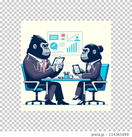 A gorilla discussing a project with a colleague at work A gorilla discussing a project with a colleague at work 114365899