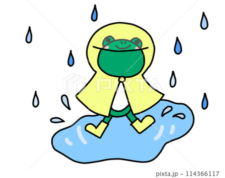 雨の日にカッパを着たかえるのイラスト 114366117