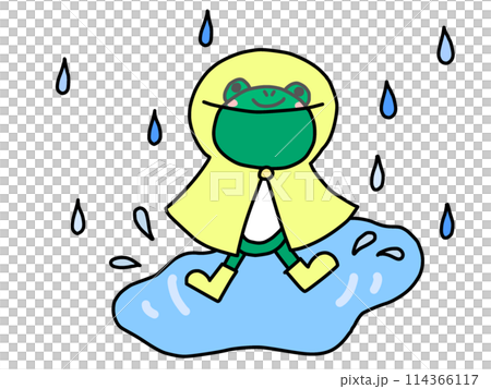 雨の日にカッパを着たかえるのイラスト 114366117