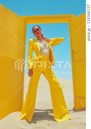 A woman in a yellow suit and pants poses in front of an open doorway 114366157