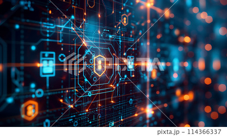 A computer screen with a lot of lines and dots. The lines and dots are in different colors and shapes 114366337