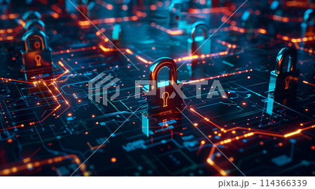 A computer chip with many locks on it. Concept of security and protection 114366339
