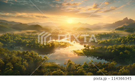 A beautiful landscape with a large body of water and mountains in the background. The sun is setting, casting a warm glow over the scene 114366345