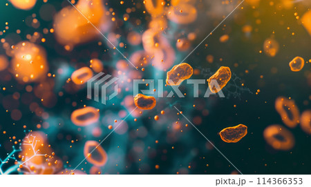 A close up of a bunch of red and orange cells. The cells are scattered throughout the image, with some larger and some smaller. Scene is chaotic and disordered, as the cells seem to be moving around 114366353