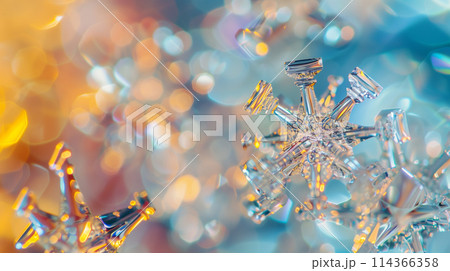 A snowflake is shown in a blurry, colorful background. The snowflake is made of glass and has a shiny, reflective surface. The background is a mix of warm and cool colors, creating a sense of depth 114366358