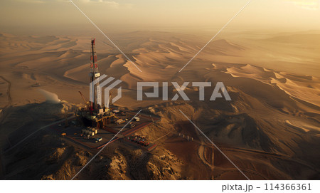 A drilling rig is in the middle of a desert. The desert is barren and dry, with no vegetation in sight. The drilling rig is surrounded by a few other structures, including a tower and a building A drilling rig is in the middle of a desert. The desert is barren and dry, with no vegetation in sight. The drilling rig is surrounded by a few other structures, including a tower and a building 114366361