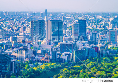 日本の東京都市景観　飯田橋駅周辺の街や神楽坂などを望む。手前は千鳥ヶ淵、三番町住宅なども見える 114366601