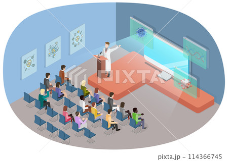 3D Isometric Flat  Conceptual Illustration of University Lecture, Scientific Presentation 114366745