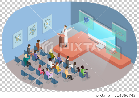 3D Isometric Flat  Conceptual Illustration of University Lecture, Scientific Presentation 114366745