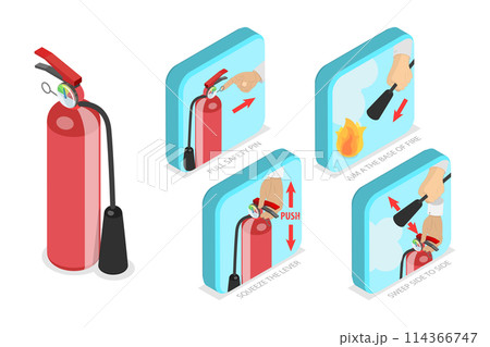 3D Isometric Flat  Conceptual Illustration of How To Use A Fire Extinguisher, Safety Manual 3D Isometric Flat  Conceptual Illustration of How To Use A Fire Extinguisher, Safety Manual 114366747