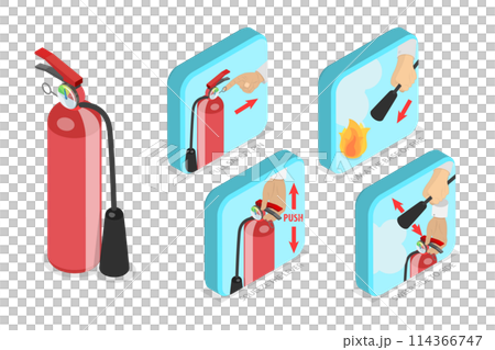 3D Isometric Flat  Conceptual Illustration of How To Use A Fire Extinguisher, Safety Manual 3D Isometric Flat  Conceptual Illustration of How To Use A Fire Extinguisher, Safety Manual 114366747