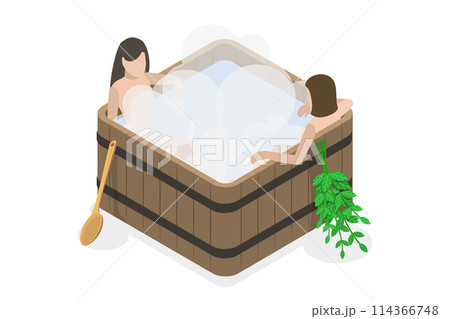 3D Isometric Flat  Conceptual Illustration of Japanese Spa, Relaxation Therapy, Hot Steam Healthcare 114366748