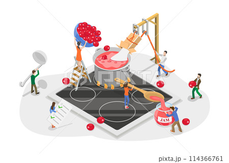 3D Isometric Flat  Conceptual Illustration of Cooking Jam, Handmade Tasty Dessert 114366761