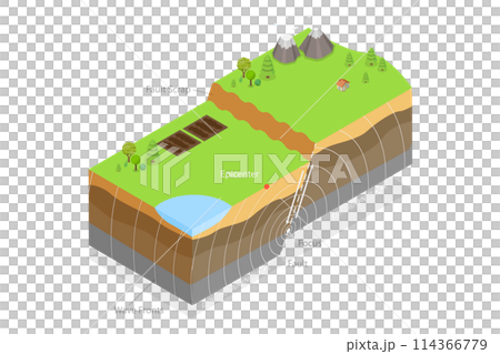 3D Isometric Flat  Conceptual Illustration of Seismic Activity, Earthquake 114366779