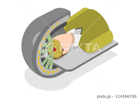 3D Isometric Flat  Conceptual Illustration of Gamma Tumor Cancer Treat Exam, X-ray MRI 114366789