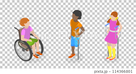 3D Isometric Flat Conceptual Illustration of Children With Cerebral Palsy, Support for Kids with Health Problems 3D Isometric Flat Conceptual Illustration of Children With Cerebral Palsy, Support for Kids with Health Problems 114366801