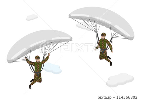 3D Isometric Flat  Conceptual Illustration of Paratroopers, Skydivers in Khaki Military Uniform 114366802