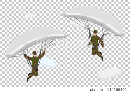 3D Isometric Flat  Conceptual Illustration of Paratroopers, Skydivers in Khaki Military Uniform 114366802