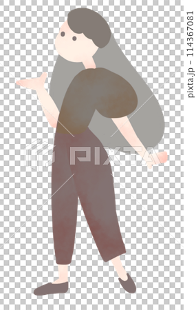 一位年輕女子在介紹時用手展示的全身手繪插圖 114367081