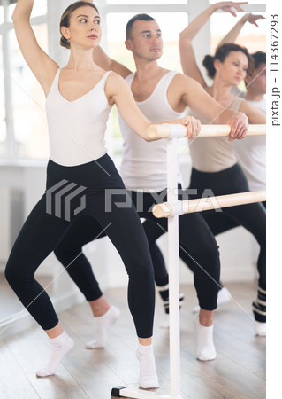 Woman performing demi plie with side lean at barre workout 114367293