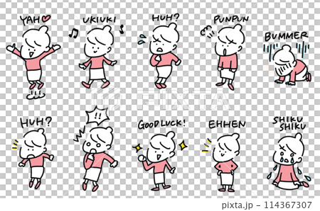 Women in various poses and expressions Manga style English Set Simple and cute line drawing illustrations 114367307