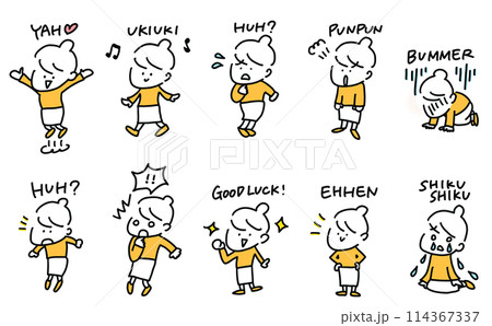様々なポーズと表情の女性　漫画風　英語　セット　シンプルで可愛い線画イラスト 114367337