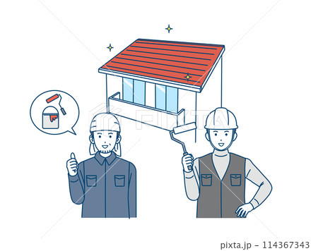 塗装工　屋根のペンキを塗る職人のイラスト 114367343