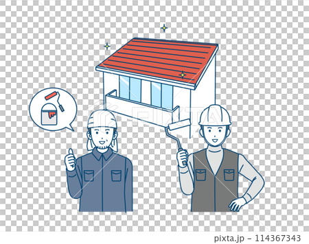 塗装工　屋根のペンキを塗る職人のイラスト 114367343
