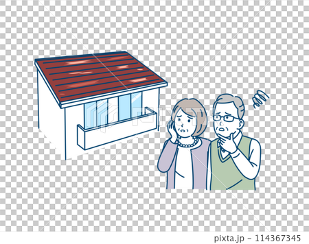 Illustration of an elderly couple having trouble with peeling paint on their roof 114367345