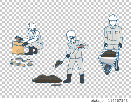 Civil engineering work: Illustration of a male civil engineer removing rubble and mud 114367348