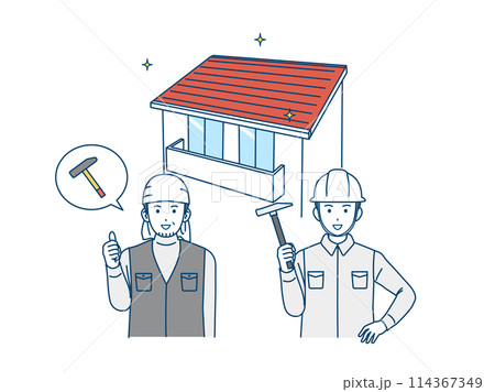 家を建てる、屋根修理する大工の男性のイラスト 114367349