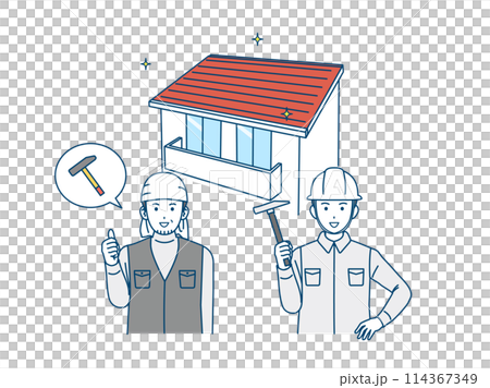 家を建てる、屋根修理する大工の男性のイラスト 114367349