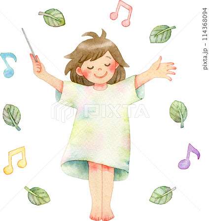 指揮をするワンピースの女の子と葉っぱと音符の水彩イラスト 指揮をするワンピースの女の子と葉っぱと音符の水彩イラスト 114368094