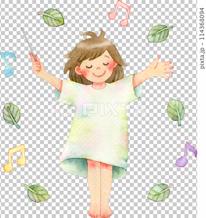 女孩指揮、樹葉和音符的水彩插圖 114368094